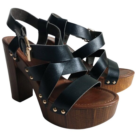 Mossimo Supply Co. Shoes - Mossimo Supply Co Women's Caitlin Black Strap Wood Look High Heel Sandals 7 1/2
